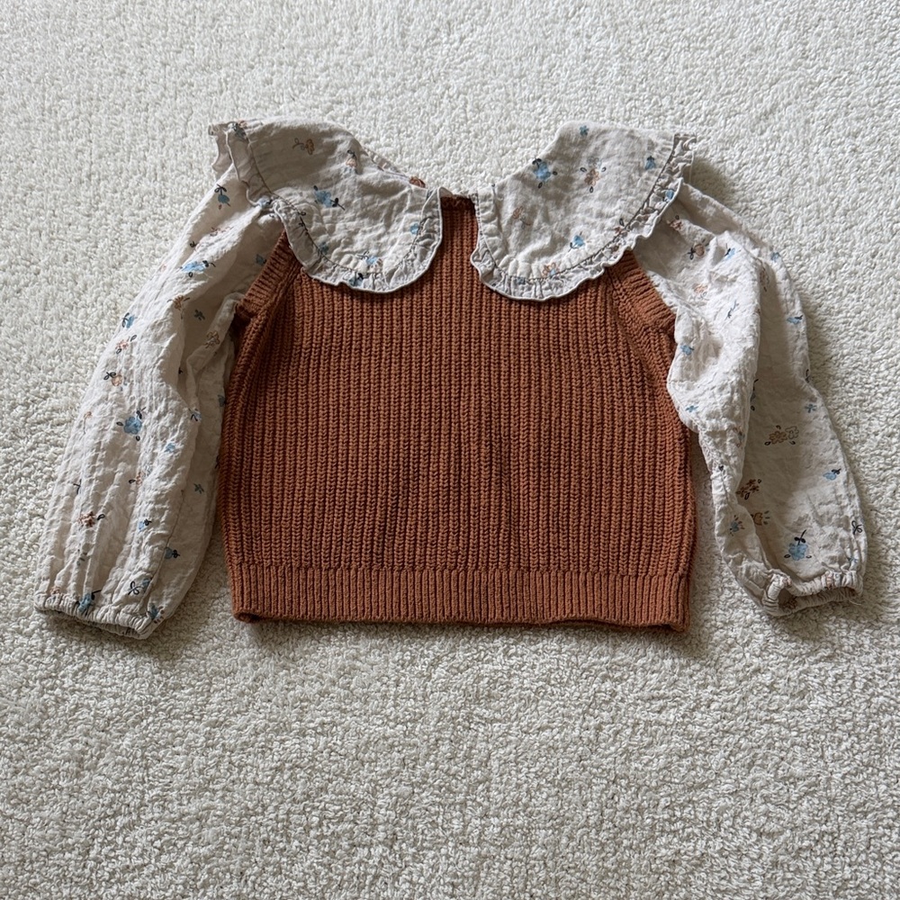 Zara Rust Knit Bodice Cream Floral Puff Sleeve Top